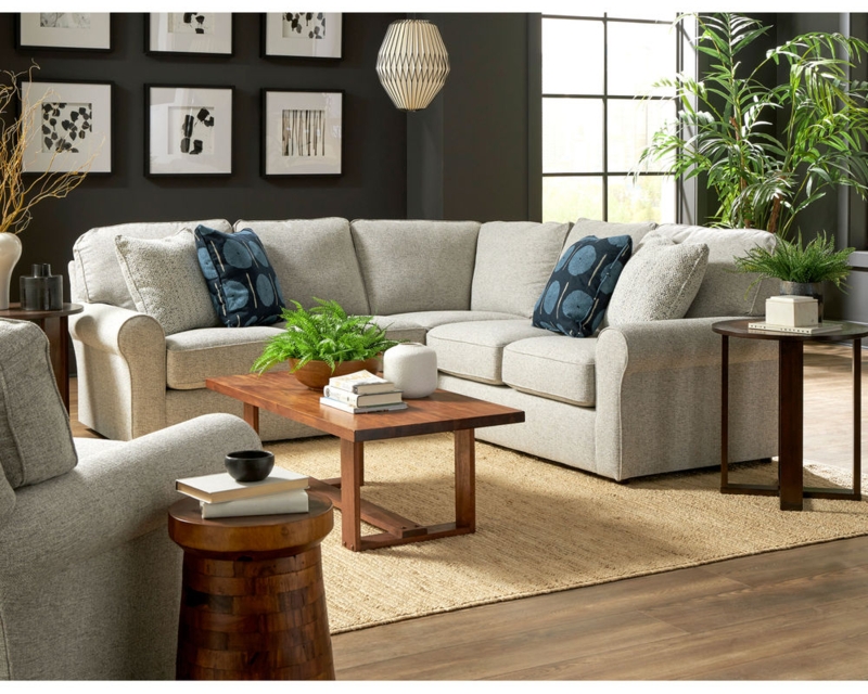 Sectional Sofa Botanical Pillows Light Grey Rolled Arms Transitional
