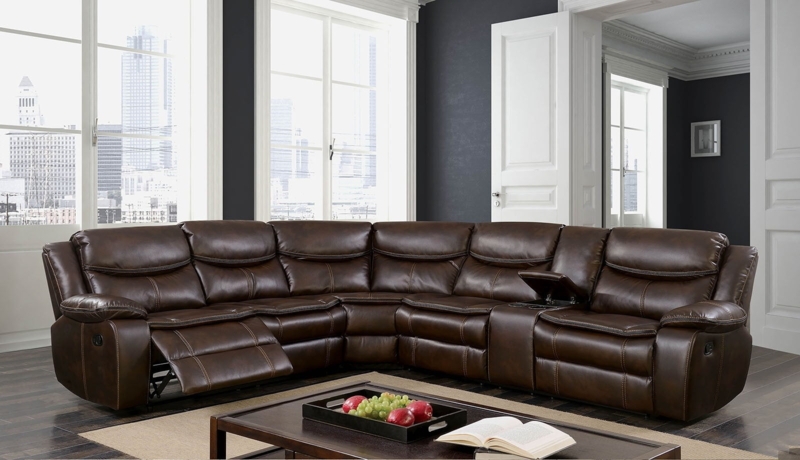 Sectional Sofa Breathable Leatherette Motion Reclining Cup Holders Brown