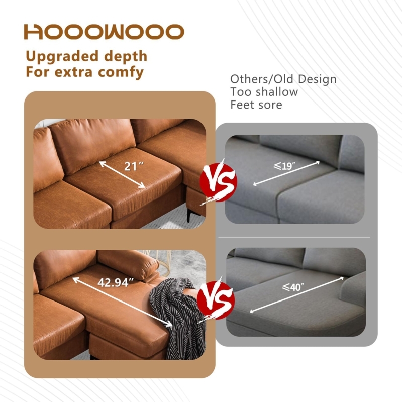 Sectional Sofa Brown Faux Suede Block Tufting Modular L-Shaped