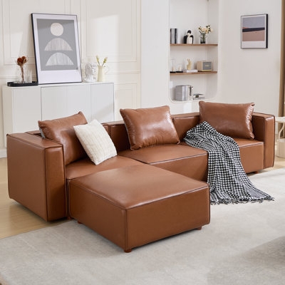 Sectional Sofa Brown Leather-Like L-Shaped Extra Deep Seating Modern
