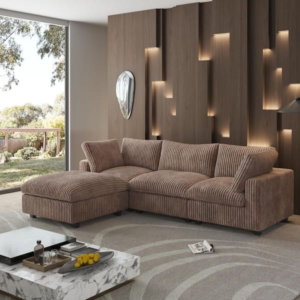 Sectional Sofa Brown Plush Fabric Modular Square Arms Cozy Layout