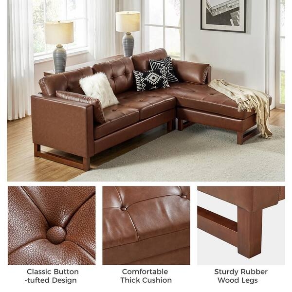 Sectional Sofa Brown Tobacco Tapered Legs Slatted Wood Accent Lounge