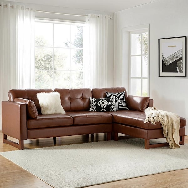 Sectional Sofa Brown Tufted Seat Bolsters Small Space L-Shaped Seating
