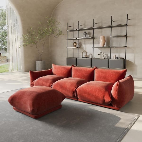 Sectional Sofa Burnt Orange Chenille Flared Arms Ottoman