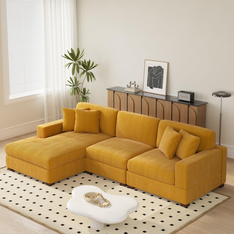 Sectional Sofa Burnt Orange Corduroy Deep Seat Minimalist Lounge
