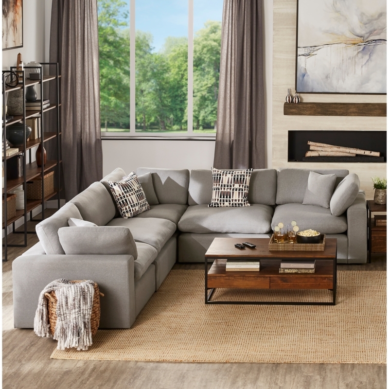 Sectional Sofa Button Tufted Back Charcoal Grey Linen Like L Shaped