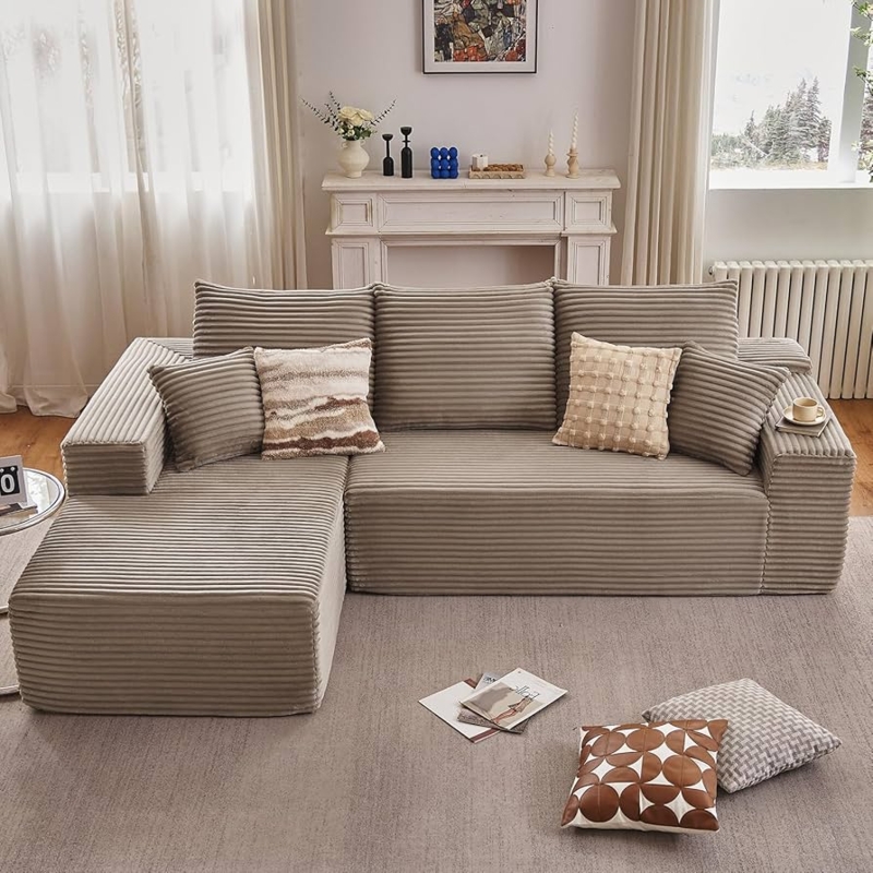 Sectional Sofa Camel Corduroy Low Profile L-Shape