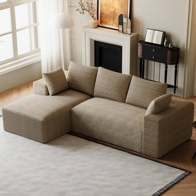 Sectional Sofa: Camel Corduroy Upholstery, Boneless Silhouette L-Shape