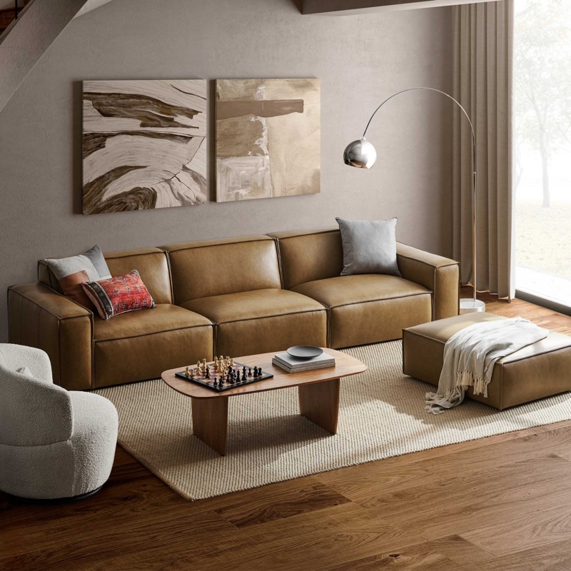 Sectional Sofa Caramel Leather Extended Set Tapered Legs Ottoman