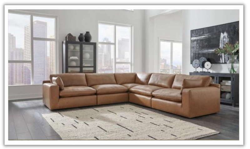 Sectional Sofa Caramel Leather-Like Modular Piped Edges Transitional