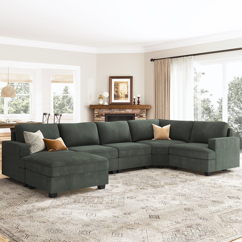 Sectional Sofa Charcoal Gray Corduroy Modular Storage Ottoman