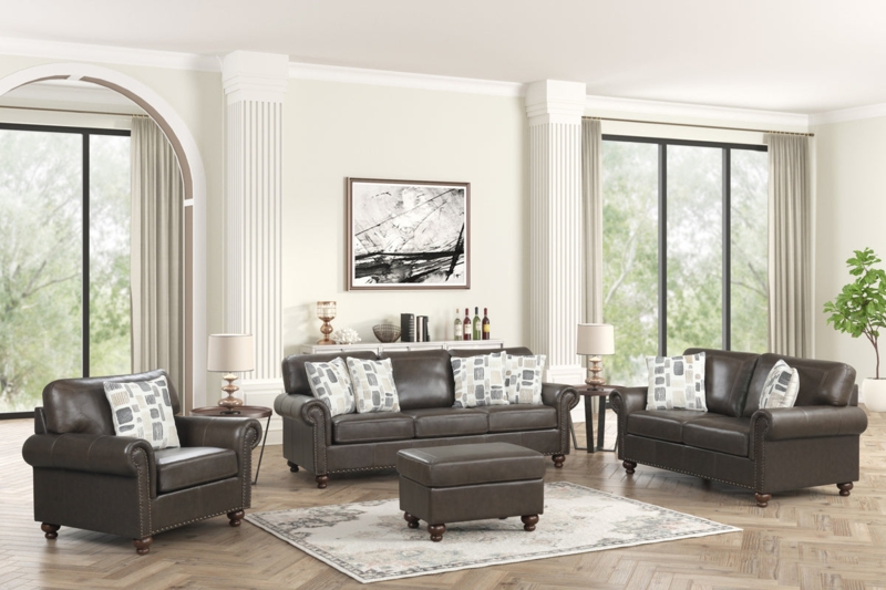Sectional Sofa Charcoal Gray Nailhead Trim Transitional Layout