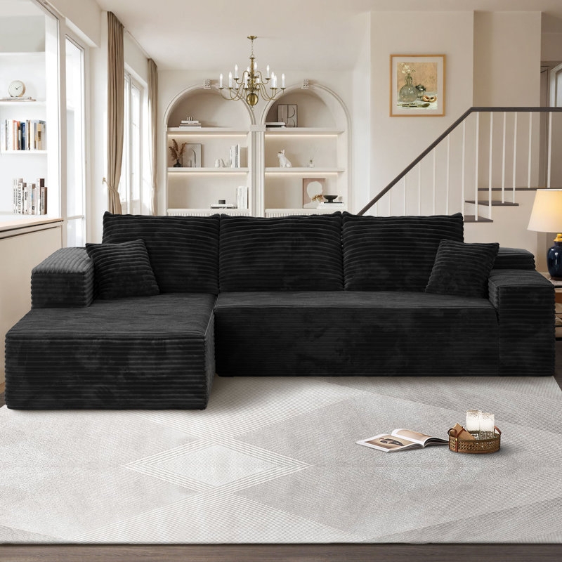 Sectional Sofa Charcoal Gray Ribbed Corduroy Extra Deep Seating