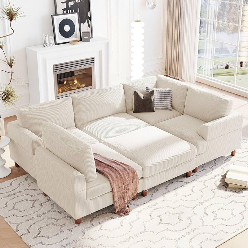 Sectional Sofa Charcoal Gray Ribbed Texture Modular L-Shaped