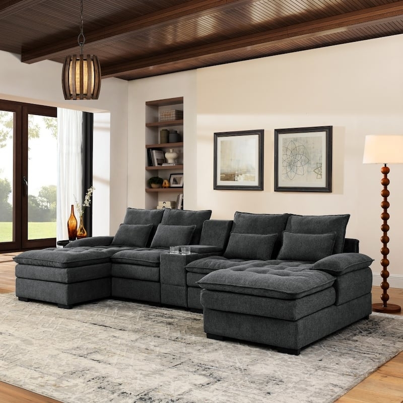 Sectional Sofa Charcoal Grey L-Shaped Chaise Lounge Console Track Arms