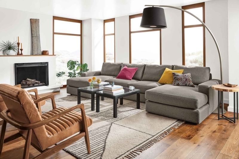 Sectional Sofa Charcoal Grey Track Arms U-Shaped Modern Living Room