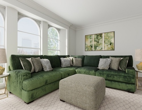 Sectional Sofa: Charcoal Grey U-Shaped, Track Arms, Many Pillows
