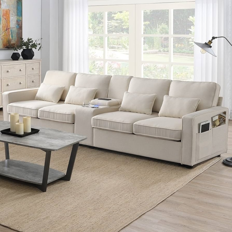 Sectional Sofa Charcoal Grey with Integrated Console and USB Ports