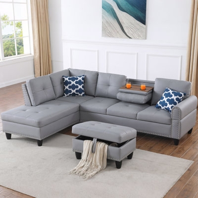 Sectional Sofa Charcoal Tufted Seats Storage Ottoman L-Shaped Design