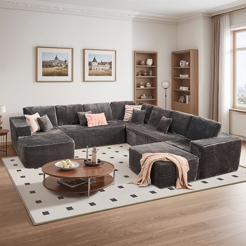 Sectional Sofa Charcoal U-Shaped Large Scale Plush Seating