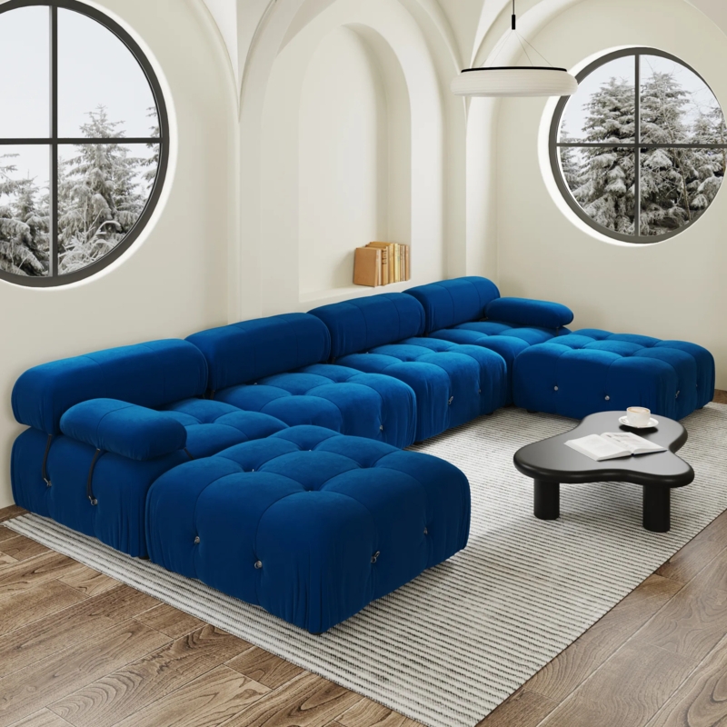 Sectional Sofa Charcoal Velvet Modular Low Profile Rounded Corners