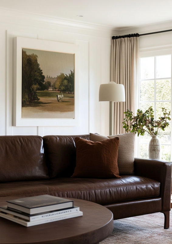 Sectional Sofa Chocolate Brown, Oversized Potted Plant, Track Arms