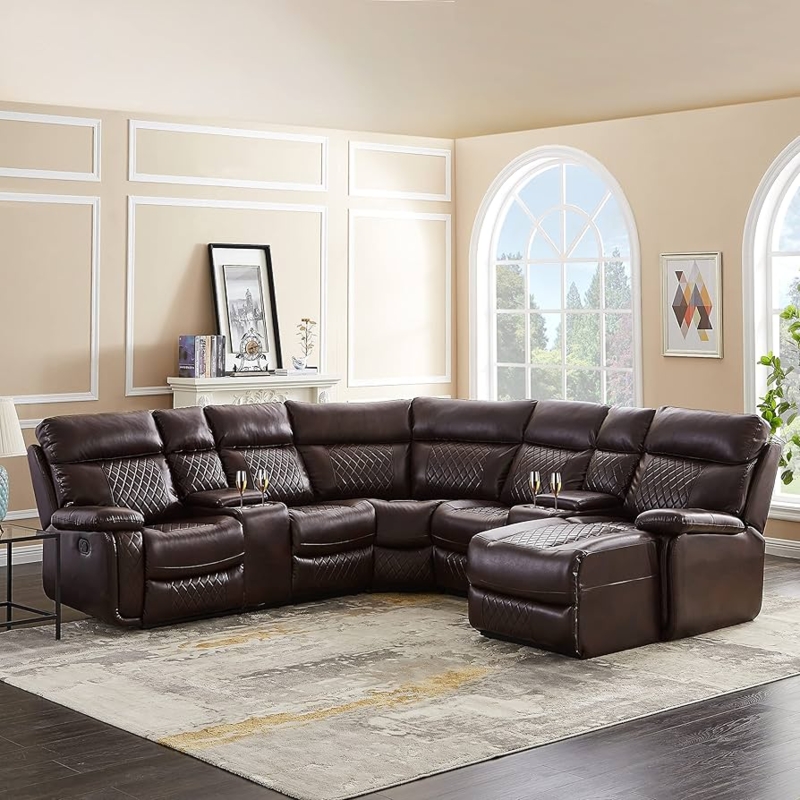 Sectional Sofa, Chocolate Brown with Cup Holders and Reclining Chaise