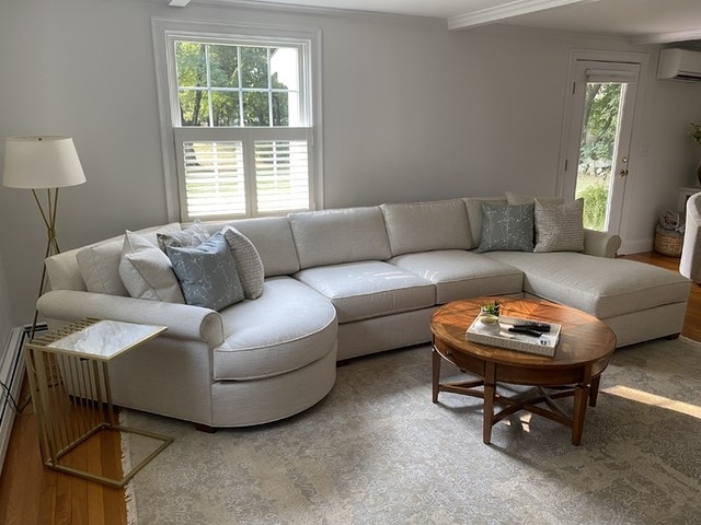 Sectional Sofa: Classic Roll Arm Seating in Off-White Upholstery
