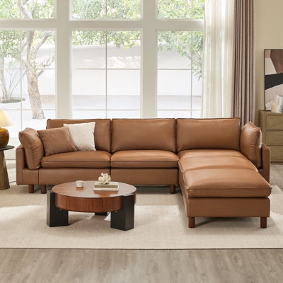 Sectional Sofa Cognac Brown 5-Piece Modular Low Profile Square Arms
