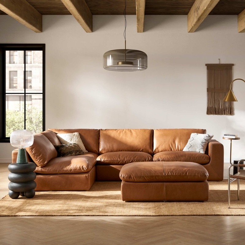 Sectional Sofa Cognac Brown Leather L-Shaped With Ottoman Layout