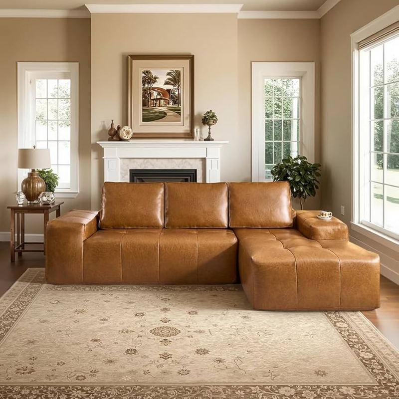 Sectional Sofa Cognac Brown Leather-Like Overstuffed Low Profile