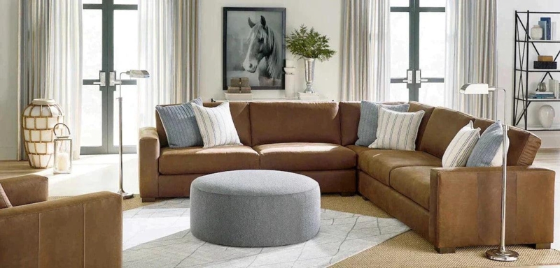 Sectional Sofa Cognac Leather Exposed Seams Low Slung Profile