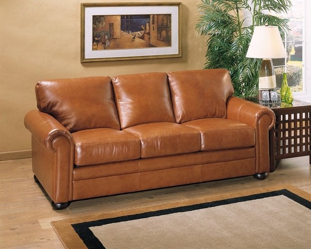 Sectional Sofa, Cognac Leather-Like, Large Window Backdrop
