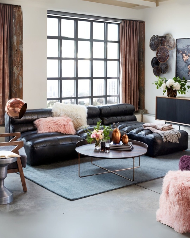 Sectional Sofa Cognac Mid-century Modern Leather-like L-shaped
