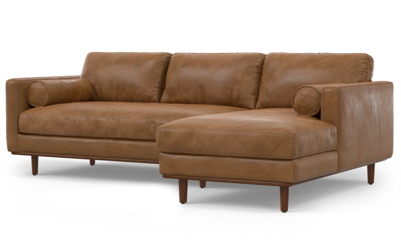 Sectional Sofa Cognac Mid-Century Tapered Legs Tufted Seats Transitional