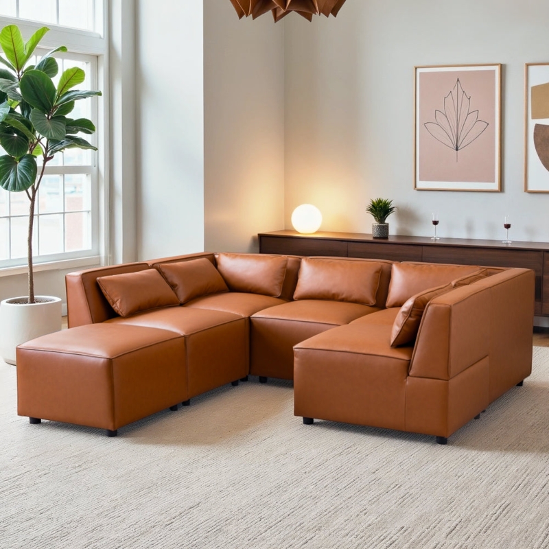 Sectional Sofa Cognac Vegan Leather Chunky Proportions Piped Seams