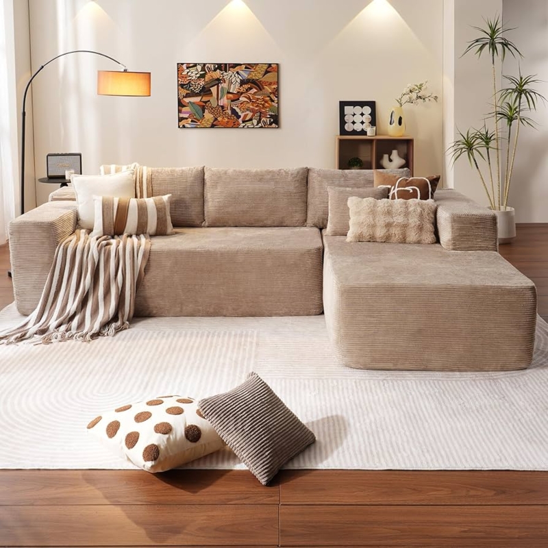 Sectional Sofa Corduroy Fabric Floor-Hugging Deep Seat Layout