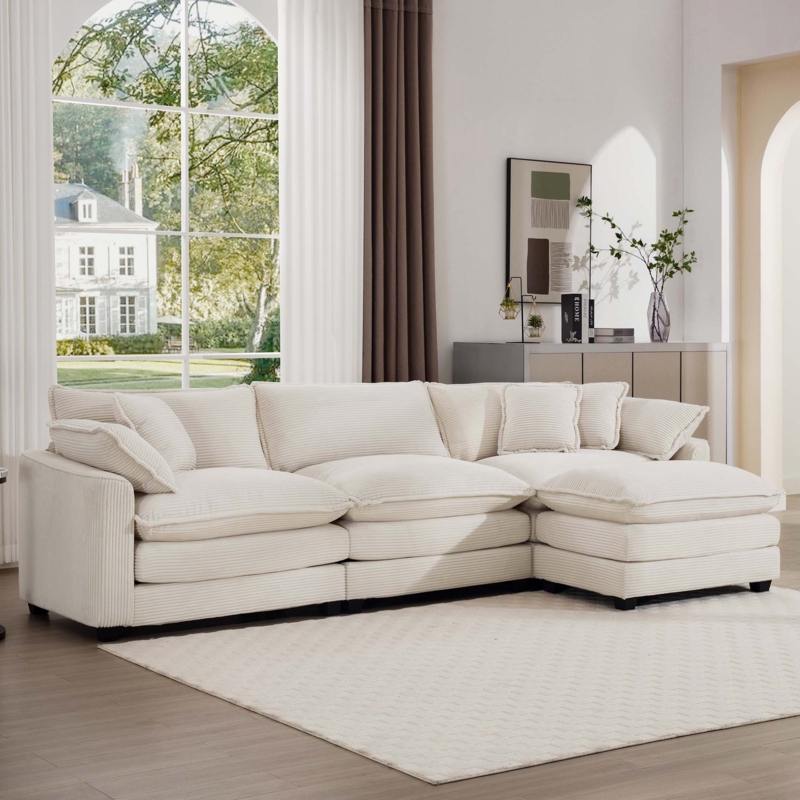 Sectional Sofa Corduroy Ribbing Cream Minimalist Layout Deep Seat