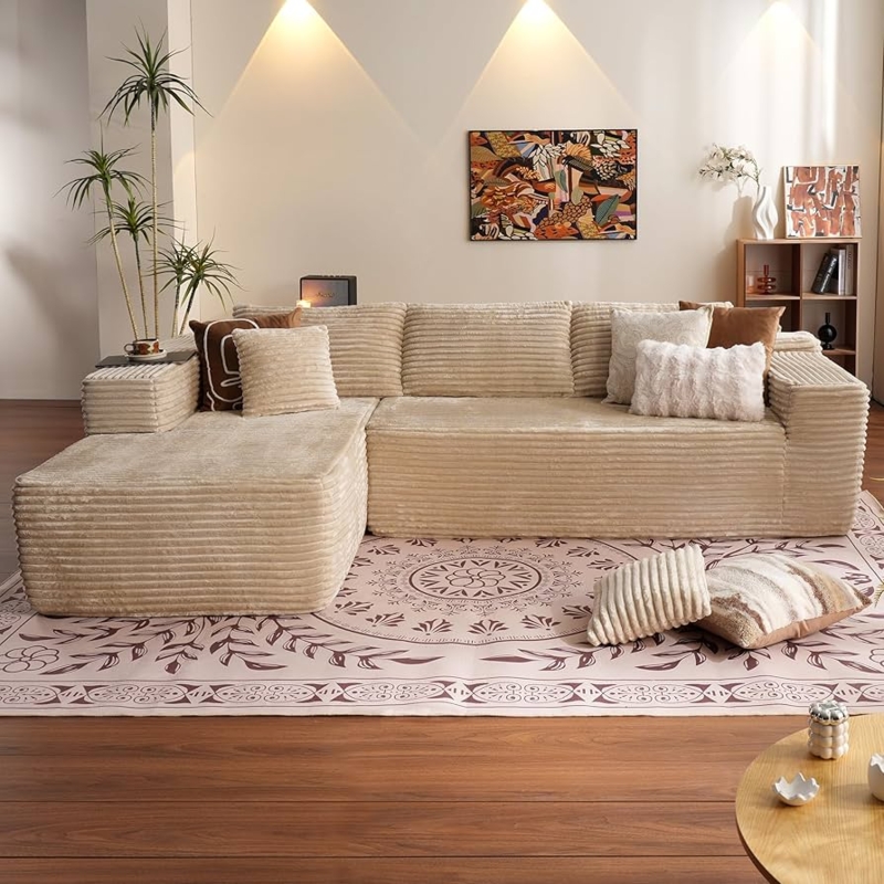 Sectional Sofa Corduroy Texture Low Profile Cloud Style Beige