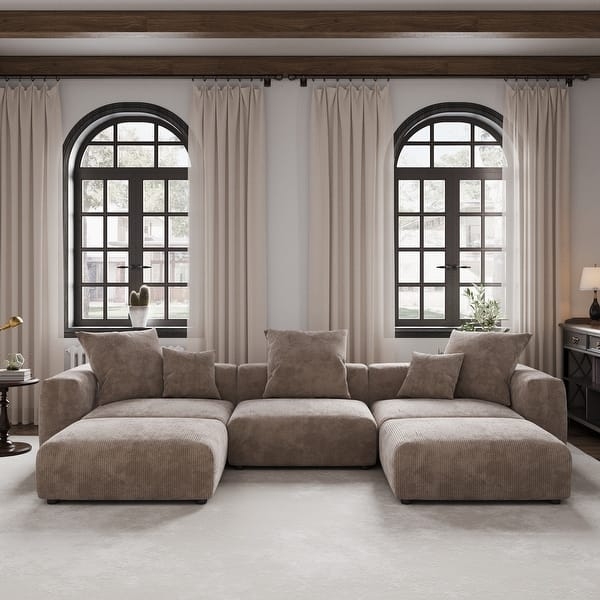 Sectional Sofa Corduroy Texture U Shaped Modular Beige Low Profile