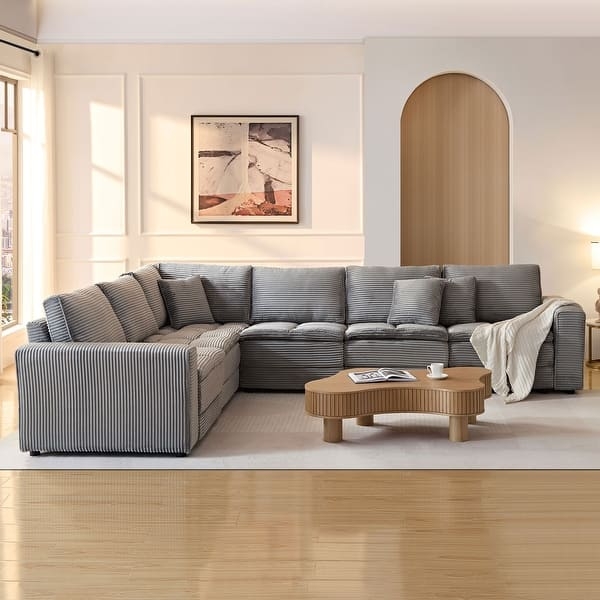 Sectional Sofa Corduroy Upholstery Grey Blocky Silhouette Cozy