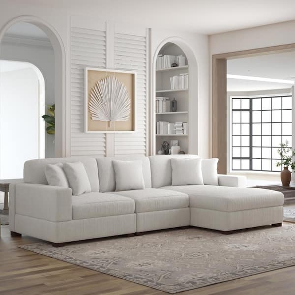 Sectional Sofa Corduroy Upholstery Square Arms Beige L Shaped