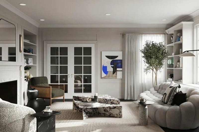 Sectional Sofa Cream And Charcoal Contrast Marble Coffee Table