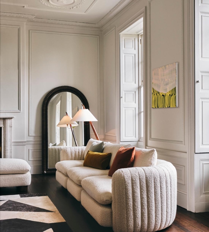 Sectional Sofa Cream Boucle Low Profile Deep Seat Track Arms