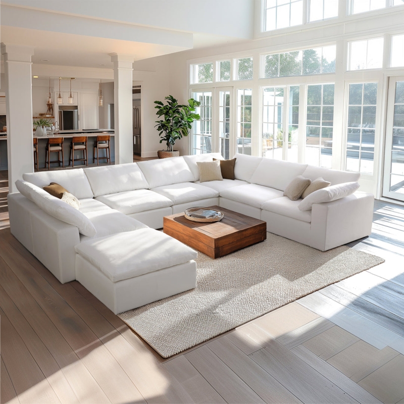 Sectional Sofa Cream Boucle Low Profile Rounded Corners Ottoman
