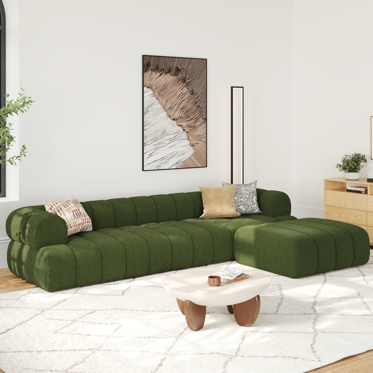 Sectional Sofa, Cream Channeled Velvet, Low-Slung L-Shaped Layout