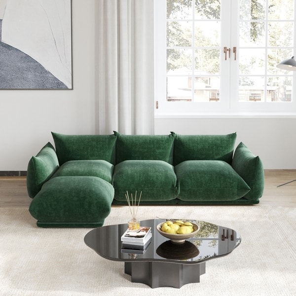 Sectional Sofa, Cream Chenille Fabric, L-Shaped with Block Arms