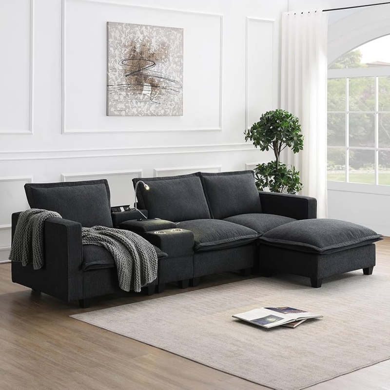 Sectional Sofa Cream Chenille U-Shaped Modular Console Reading Light