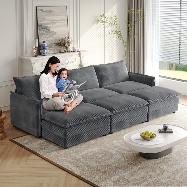 Sectional Sofa Cream Corduroy Modular Low Profile Chaise Extension
