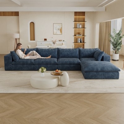 Sectional Sofa Cream Corduroy U-Shaped Deep Seats Modular Design